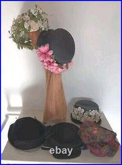 Womens Floral Vintage Millinery Hats (6) Lot Sears, NY, Clover Lane + Hat Box