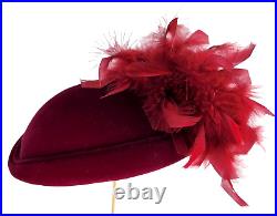 Womens Vintage Velvet Burgandy Red Feather Pillbox Hat Made In England