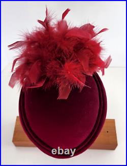 Womens Vintage Velvet Burgandy Red Feather Pillbox Hat Made In England