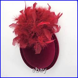 Womens Vintage Velvet Burgandy Red Feather Pillbox Hat Made In England