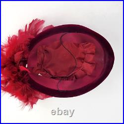 Womens Vintage Velvet Burgandy Red Feather Pillbox Hat Made In England