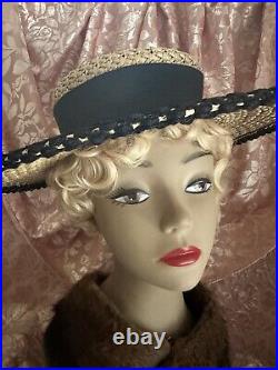 Wonderful Early Edwardian Straw Hat W Silk Ribbon Trimmed Crown Excellent Cond