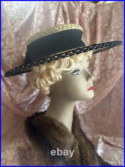 Wonderful Early Edwardian Straw Hat W Silk Ribbon Trimmed Crown Excellent Cond