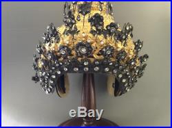 Wow Vintage Tahi Headdress Gilt Wood Leather Jeweled Silver Hat