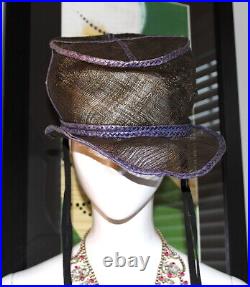 YSL Rive Gauche Vintage Runway purple black straw billed hat with ribbons 1980s