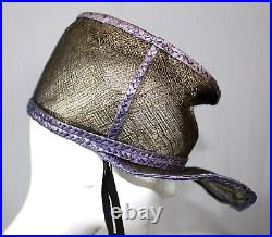 YSL Rive Gauche Vintage Runway purple black straw billed hat with ribbons 1980s
