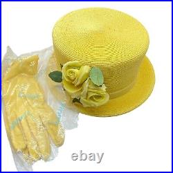 Yellow Straw Hat 6 3/4 & Matching Gloves Vintage 1960s Donaldsons Womens Sunny