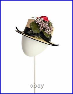 Yves Saint Laurent Vintage 1960s Velvet Floral Woven Straw Boater Hat