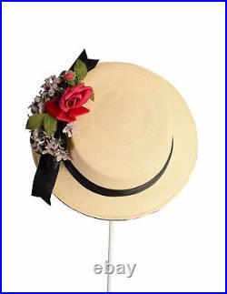 Yves Saint Laurent Vintage 1960s Velvet Floral Woven Straw Boater Hat