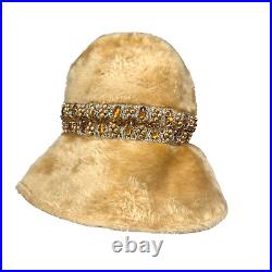 Yves Saint Laurent Vintage Felted Fur Bucket Hat 1960's Beaded Embellished Trim