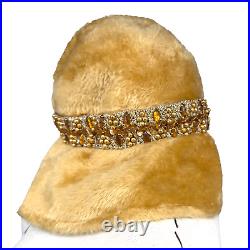 Yves Saint Laurent Vintage Felted Fur Bucket Hat 1960's Beaded Embellished Trim